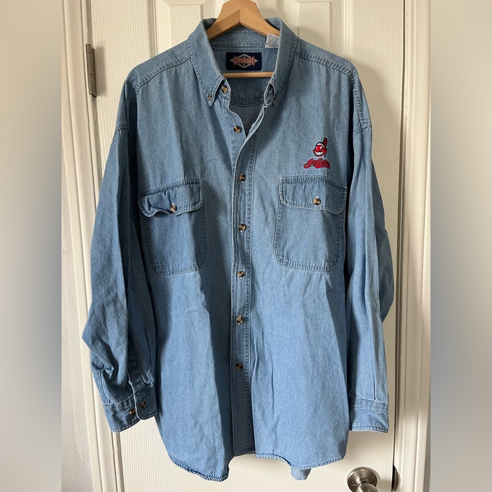 Discontinued 90s Cleveland Indians Branded Denim Button-Up Shirt